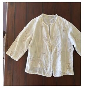 Chico’s Size 3 (XL) Linen Embroidered Jacket Top White Brown Floral Overshirt
